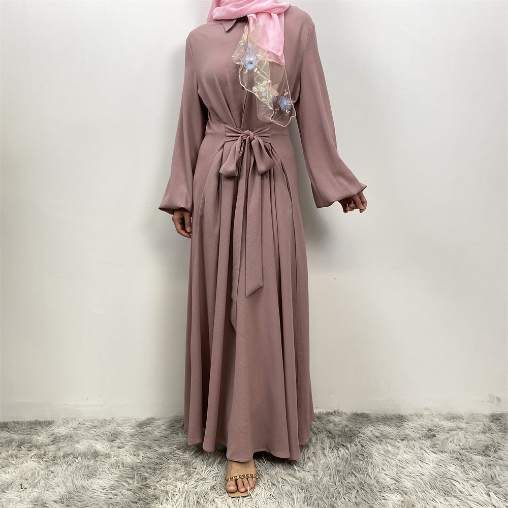 Dusty rose belted dress abaya nz hijab - front with belt