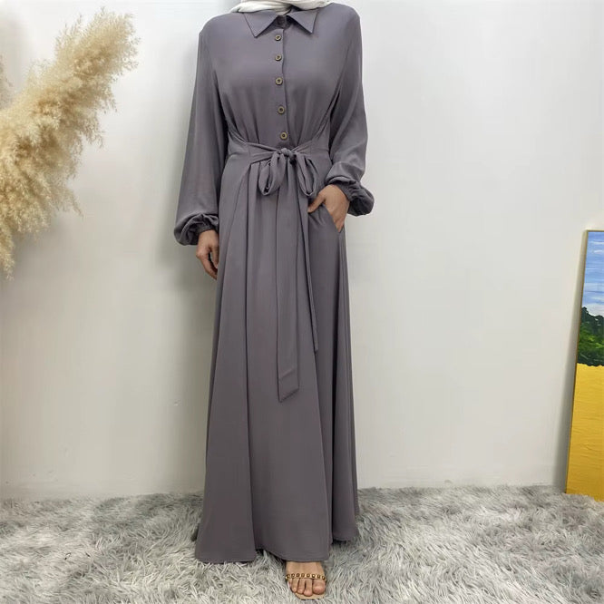 45 Signature-Elegant Grey Modest Abaya hijab nz Dress - Front view