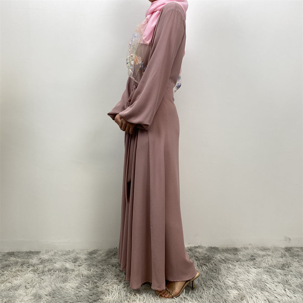 Dusty rose belted dress abaya nz hijab - side view