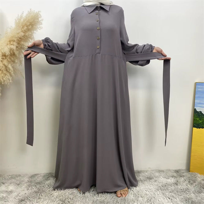 45 Signature-Elegant Grey Modest Abaya hijab nz Dress - Front view with side ties