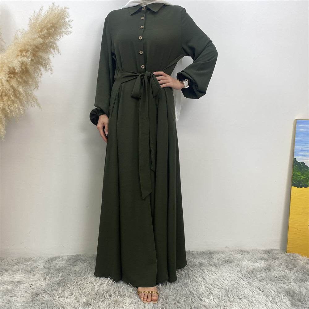 45 Signature-Elegant Green Modest Abaya hijab nz Dress - Front view with belt