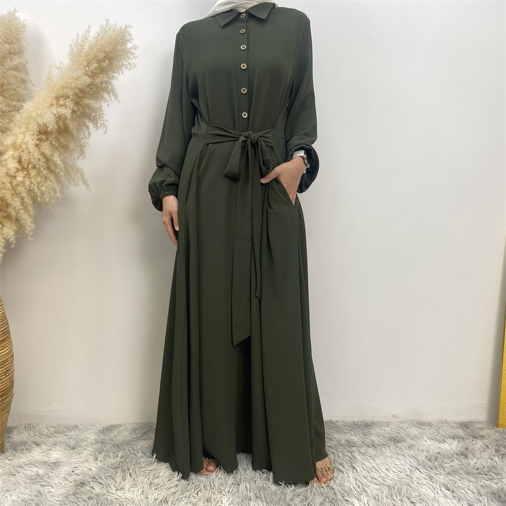 45 Signature-Elegant Green Modest Abaya hijab nz Dress - Front view with pockets