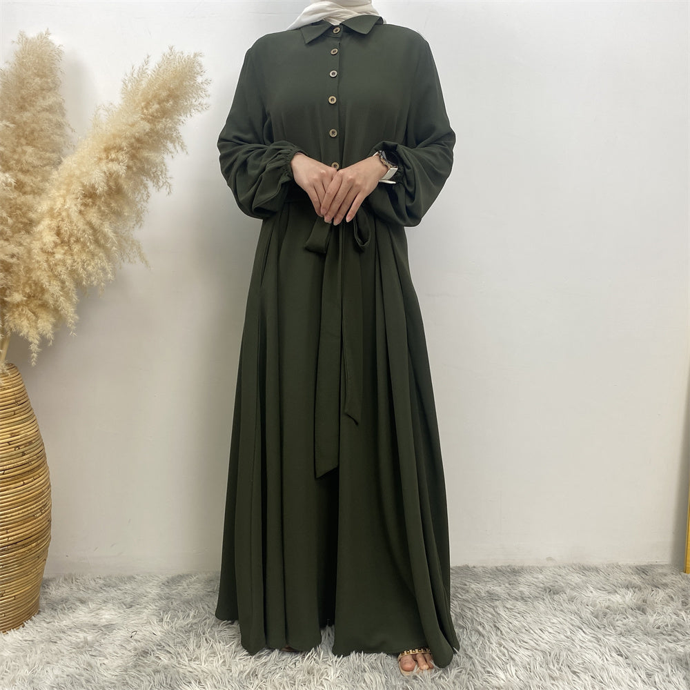 45 Signature sleeve and belt-Elegant Green Modest Abaya hijab nz Dress - Front view with 